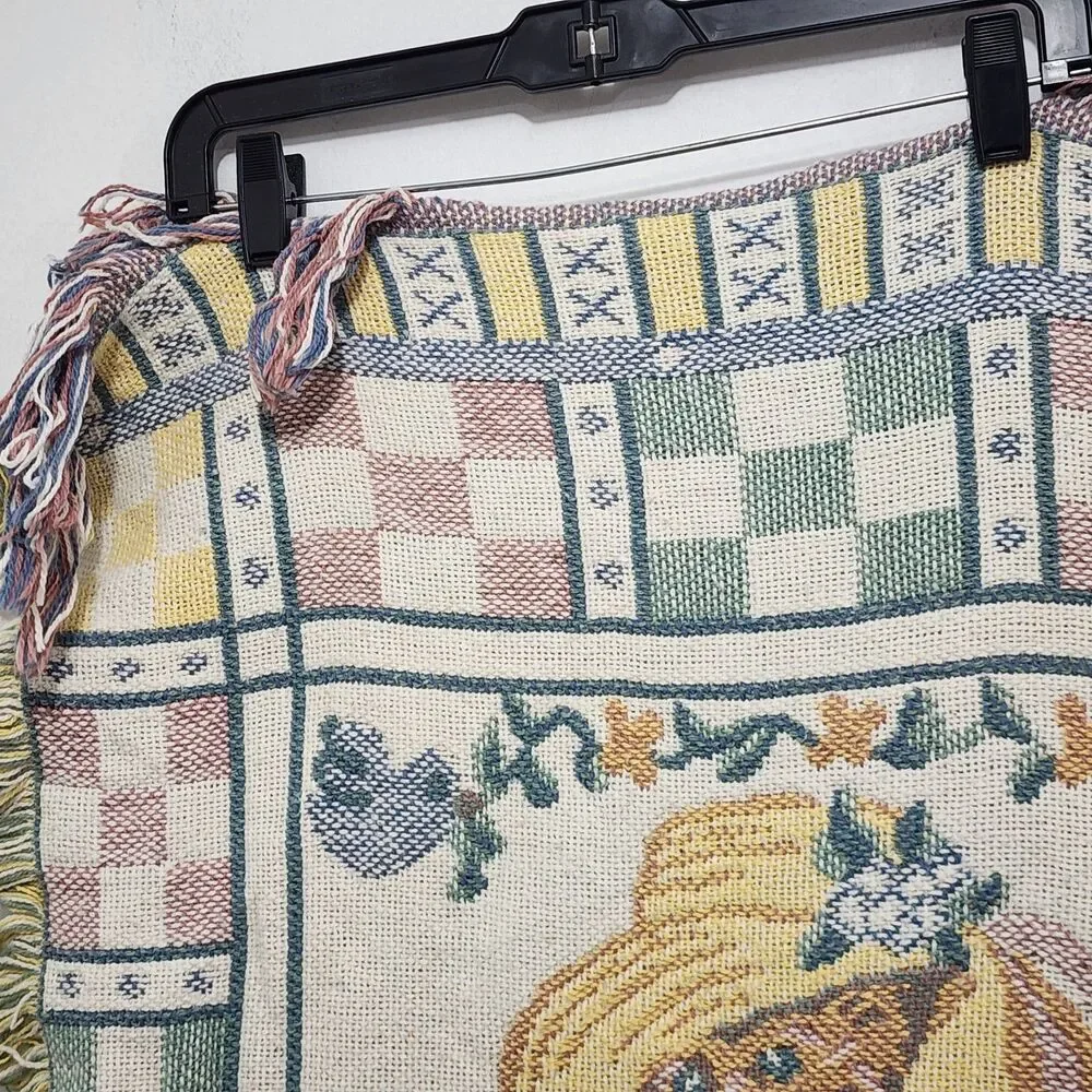 Vintage Teddy Bear Woven Tapestry Throw Blanket Fringe Farmhouse Country 66x48